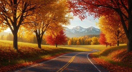 Obraz premium Scenic Autumn Road Through Colorful Forest Landscape in the Mountains