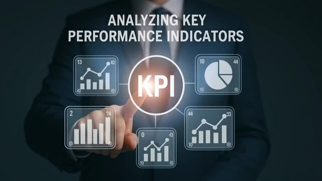 KPI and Performance Analysis: A business professional examines and scrutinizes key performance indicators (KPI) that represent financial and statistical information and data.
