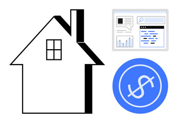 House outline beside analytics dashboard and dollar sign circle conveying finance, data, investment, and cost analysis. Ideal for real estate, business, budgeting, property sales, marketing
