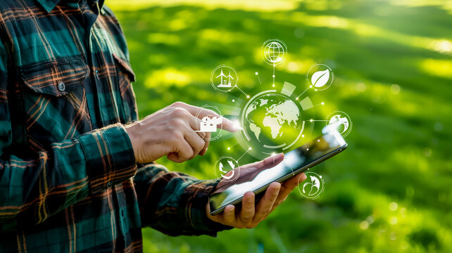 Hand in plaid shirt holding tablet over sunlit grass, glowing eco icons—globe, leaf, turbine—float in harmony, radiating sustainability and digital innovation - Powered by Adobe
