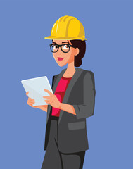 Female Architect Holding a Digital Tablet Vector Illustration. Engineer planning a project on computer working in the construction industry 