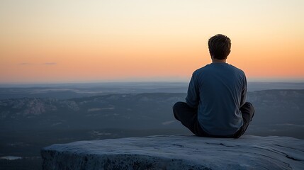 Serene Sunset Meditation: Man Contemplates Nature's Majesty from Mountaintop