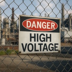 Danger high voltage sign protecting power plant behind chain link fence