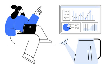 Woman working on laptop pointing at data screen with graphs and charts. Watering can beside her. Ideal for analytics, growth, strategy, education, teamwork, productivity, simple landing page