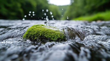 Fototapeta premium Water droplets splash from a mossy green stone sitting in the middle of a fast-flowing river.