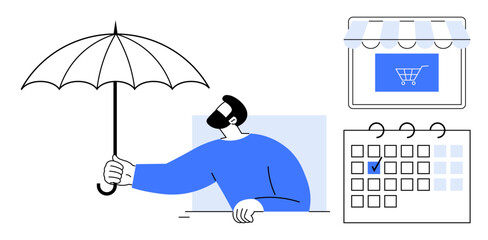 Man with umbrella for protection, online store facade with shopping cart, and calendar with selected date. Ideal for business planning, e-commerce, scheduling, organization, protection, planning