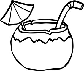 Summer Drink Coconut Drink with Umbrella Hand Drawn Outline Doodle