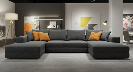 Modern Gray Sectional Sofa with Orange Pillows