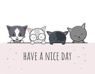 Cute cat have a nice day greeting cartoon doodle card icon illustration