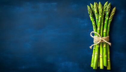 Fresh asparagus bundle tied with twine on a textured blue background, ideal for culinary use