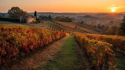 Fototapeta premium Golden vineyards stretch across a serene landscape, kissed by the warm glow of the setting sun, promising an abundant harvest.