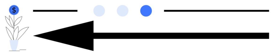 Obraz premium Growing plant with dollar icon, series of dots, bold arrow symbolizing growth, success, and progress. Ideal for investment, business, strategy, success planning goal-setting simple landing page
