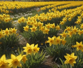 Fototapeta premium Sunlit field of vibrant yellow daffodils, petals glistening , flora, daffodils