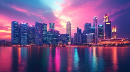 Obraz premium Vibrant singapore cityscape at twilight showcasing illuminated skyscrapers and calm waters reflecting dazzling city lights in a captivating panorama