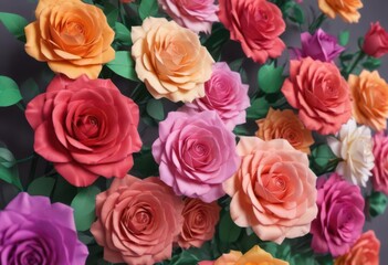 Multi-sized paper roses, vibrant color gradient,  paper craft background,  party