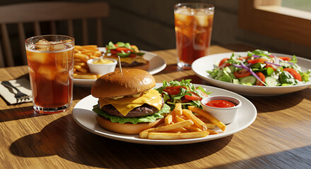 Delicious Burger Meal with Fries and Salad on Wooden Table