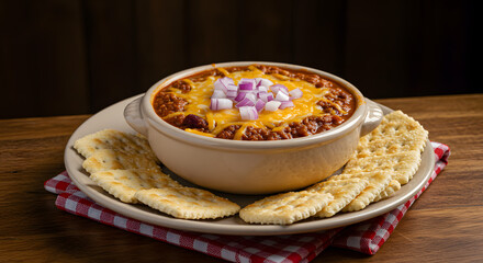 Hearty Beef Chili Bowl with Cheddar & Red Onion, Served with Crackers