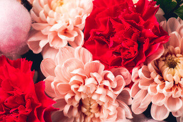 Close-up of a beautiful bouquet with chrysanthemums and carnations on a neutral background. Bouquets and flowers. Selective focus.