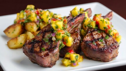 Grilled Lamb Chops with Mango Salsa and Seasoned Potato Wedges