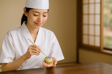 練り切りに花模様を仕上げる若手女性職人/Young Female Artisan Finishing Floral Nerikiri Sweet/