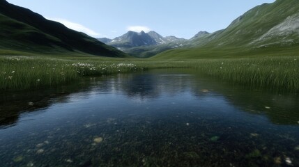 Fototapeta premium Serene alpine valley stream reflecting a tranquil mountain range. Lush green meadows and wildflowers border a crystal-clear stream