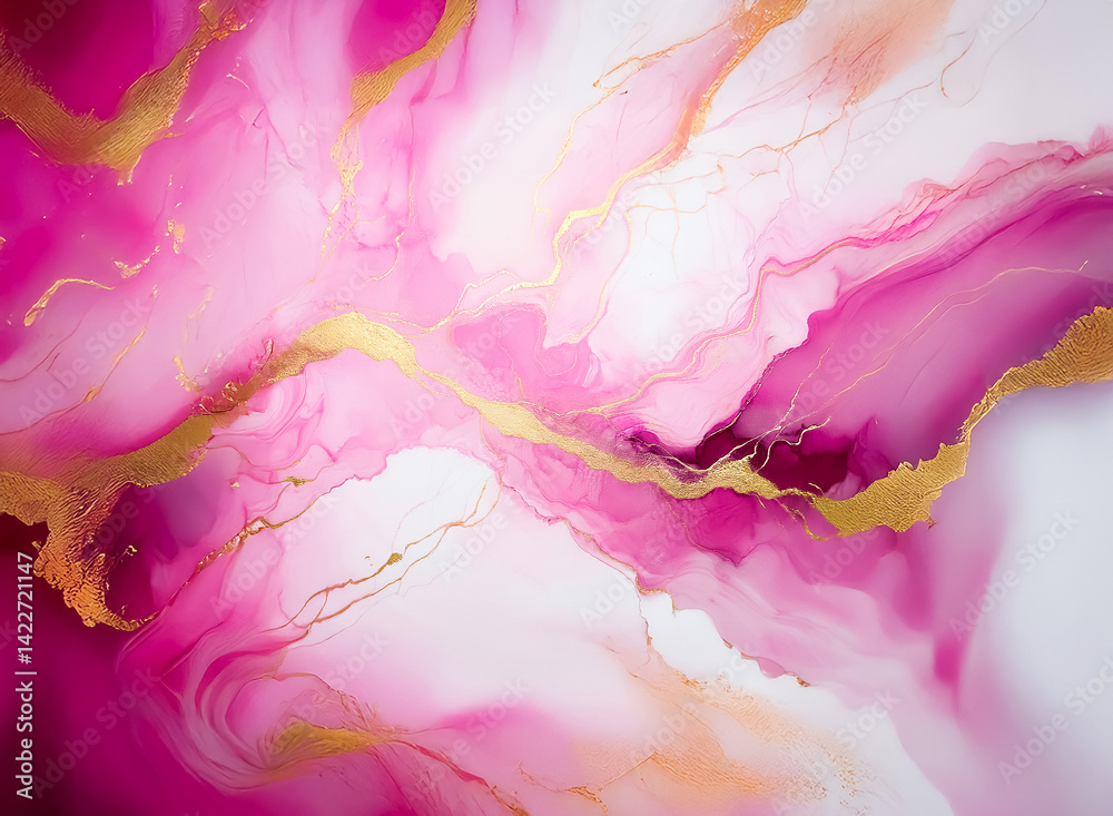 Fototapete This image reveals an elegant abstract composition. Fluid pink and gold forms dance, creating a dreamy effect. The colors blend, producing a sense of depth. Hints of light play across the surface.