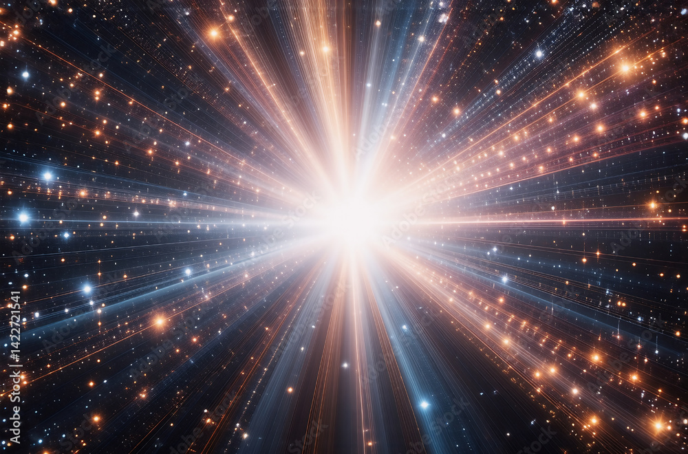 Poster a bright, glowing explosion of light with emanating rays and particles across a dark space. orange a
