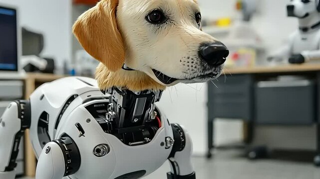 Cutting-edge canine robot with realistic golden retriever head in laboratory setting