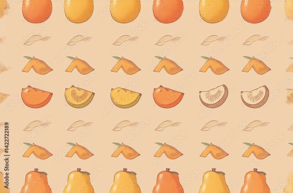 Poster A seamless pattern featuring rows of whole and sliced fruits in warm, autumnal tones.  The repeating design is ideal for an avatar or digital background.
