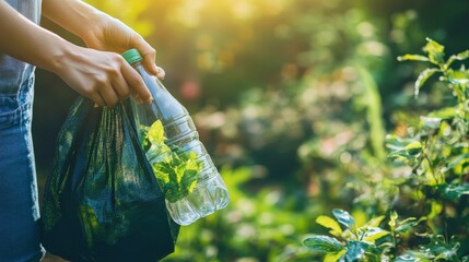 Hand placing recyclable bottle into eco bag, green message