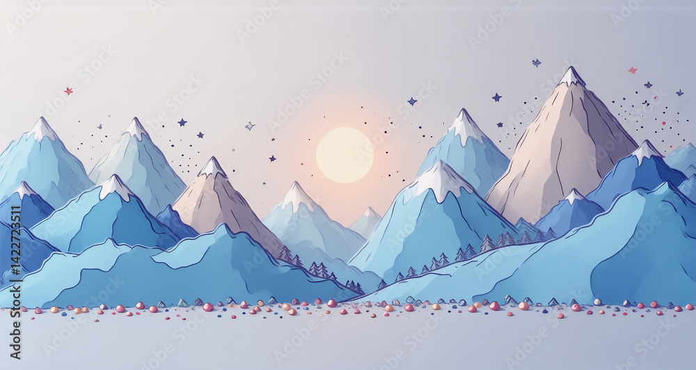 Poster Here's the description and keywords:

Illustration depicting a mountain range with sun and sparkling elements, hinting at winter's serene beauty. The artwork utilizes a soft color palette.