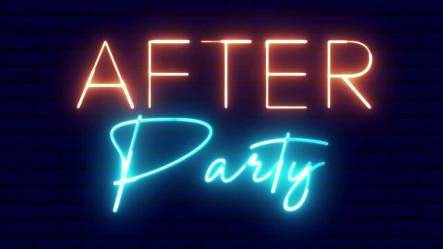 3840x2160. After Party neon sign. After Party text font with neon light. Luminous and shimmering haze inside the letters of the text After Party. 