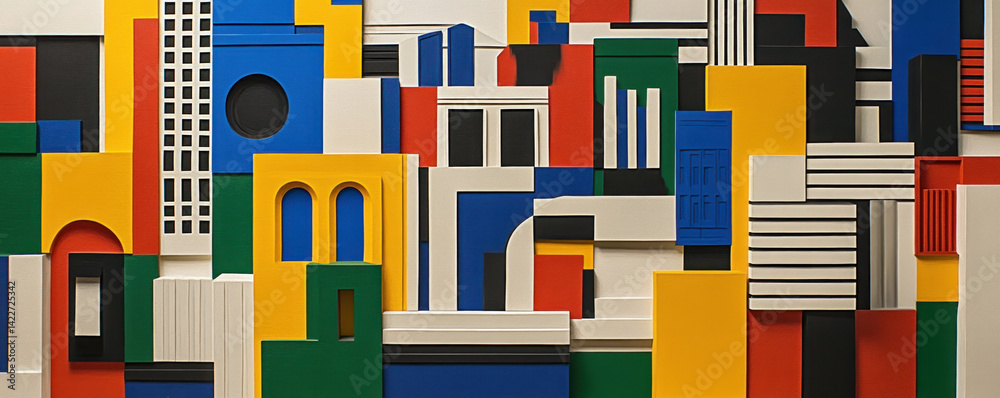 Poster a colorful cityscape made of blocks and squares. the blocks are of different colors and sizes, and t