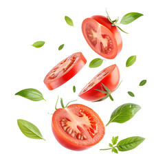 Tomato with half slices falling or floating in the air isolated on a white background png