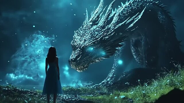 A Majestic Dragon Encounter: Cinematic Fantasy Scene with Mysterious Girl