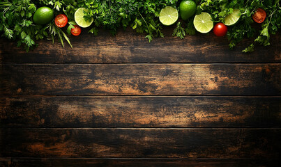 Fresh herbs, limes, and tomatoes arranged on a rustic wooden table, creating a vibrant cooking scene