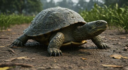 Obraz premium A turtle crawls on the ground during a light rainfall in a grassy field.
