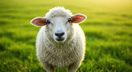 Fototapeta premium A charming sheep stands amidst lush, green grass, captured in a close-up portrait.