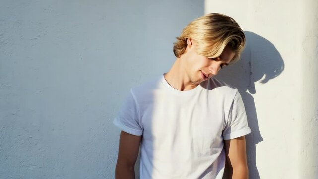 Thoughtful young man in a plain white tee shirt standing next to a textured white wall with bright sunny lighting and shadows