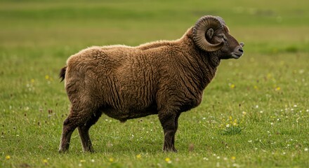 Fototapeta premium A brown ram stands majestically in a green, flowering field.