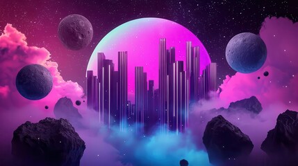 Floating city in space, metallic structures glowing with neon lights, hovering between asteroid fields