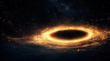 Floating cosmic rift surrounded by golden rings, pulsing with celestial energy
