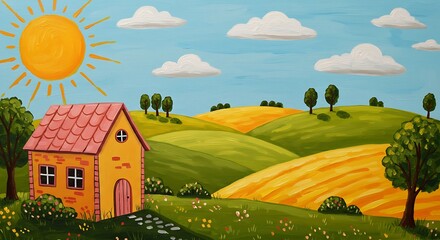 Fototapeta premium Sunny Day in Rolling Hills: Charming Cottage Landscape Painting