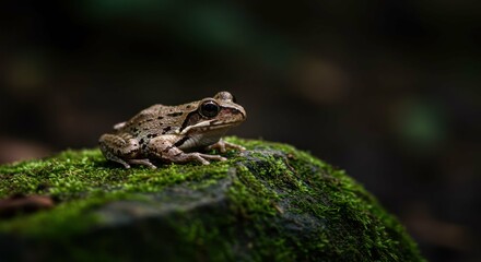 Naklejka premium A close-up shot of a frog sitting on a mossy rock, dark blurred background.