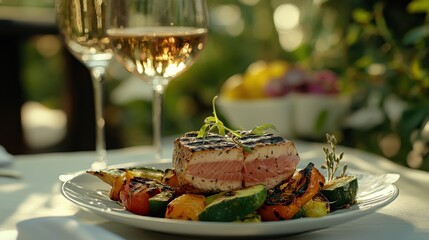 Tuna with grilled veggies, white tablecloth and wine glass