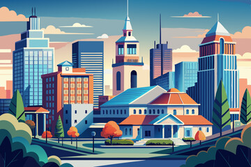 Fototapeta premium Cityscape: A vibrant illustrated cityscape, with modern and classic architecture. Colorful buildings in the heart of a bustling urban center. generative AI