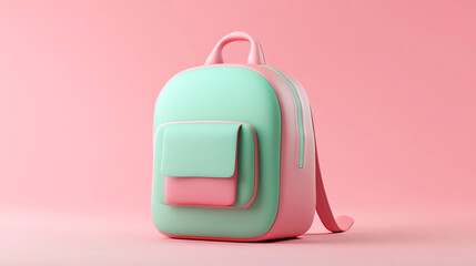 Adorable 3D backpack icon in cute clay style, featuring green & pink colors. Isometric render in C4D & Octane, perfect for designs, no background. Niji 5