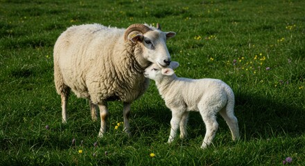 Sheep and lamb in a green meadow in daylight, a mother and its offspring.