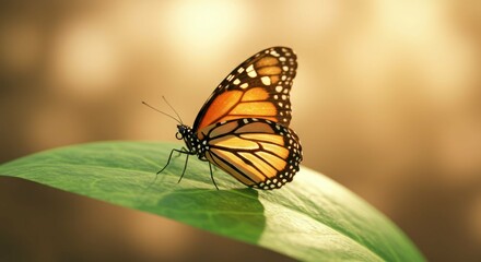 Obraz premium A monarch butterfly perched on a leaf, detailed wings, warm and inviting.