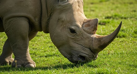Fototapeta premium Close-up of a rhino grazing on grass, captured in natural daylight.